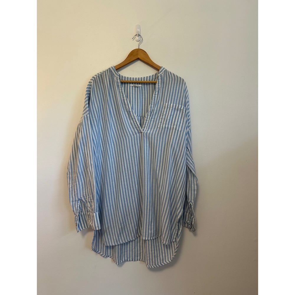 O'Neill Blue and White Striped Cotton V-Neck Tunic Shirt | Size Medium